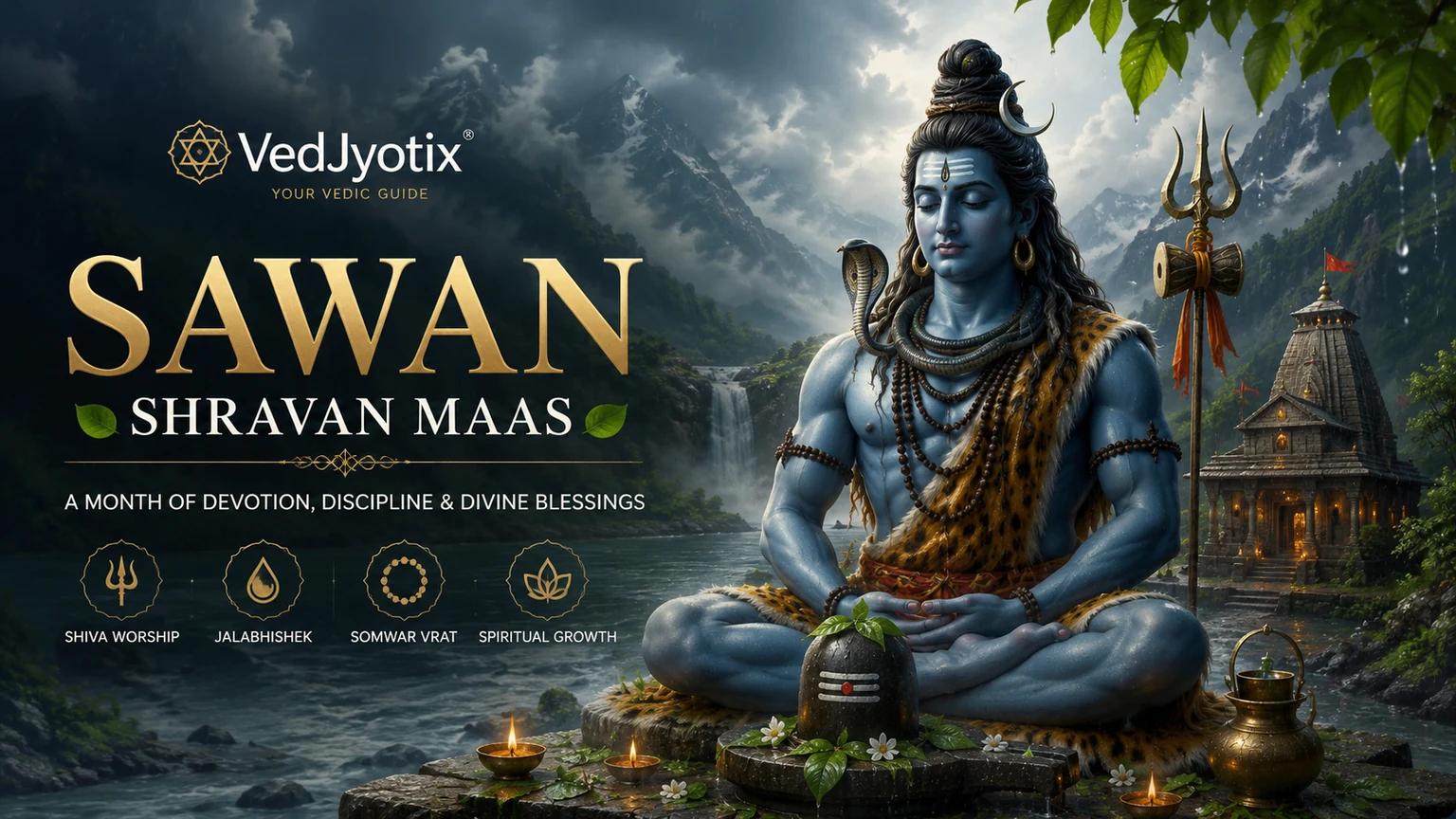 सावन (श्रावण मास) में शिवलिंग के पास ध्यानमग्न भगवान शिव, पृष्ठभूमि में हिमालयी मंदिर पर बरसता सावन — वेदज्योतिक्स भक्ति-चित्र